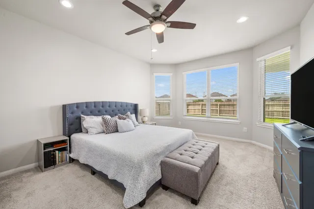 a bedroom with a large bed and a tv