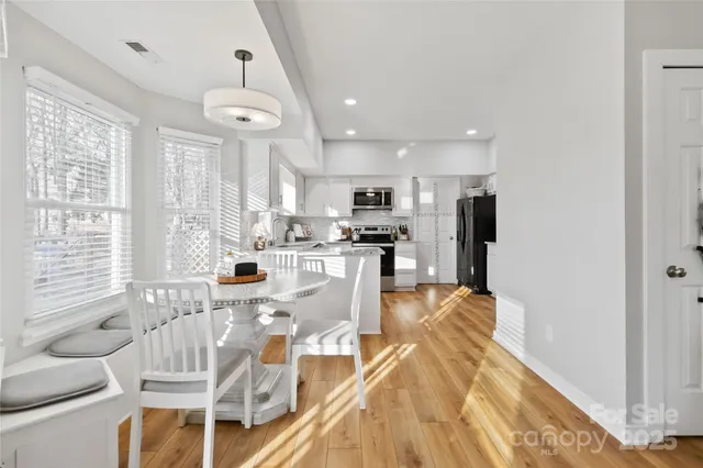 a view of a kitchen and dining room