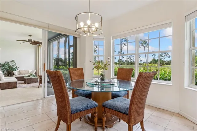 a view of a dining room with furniture a chandelier and wooden floor