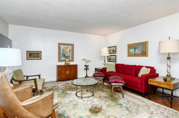 a living room with furniture a rug and a large window