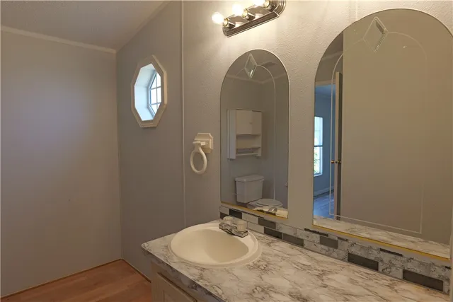 a bathroom with a sink and a mirror