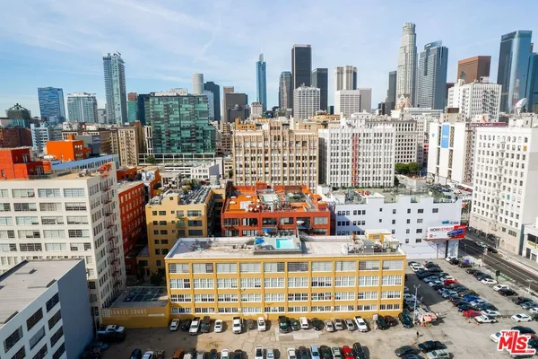 a city view with tall buildings