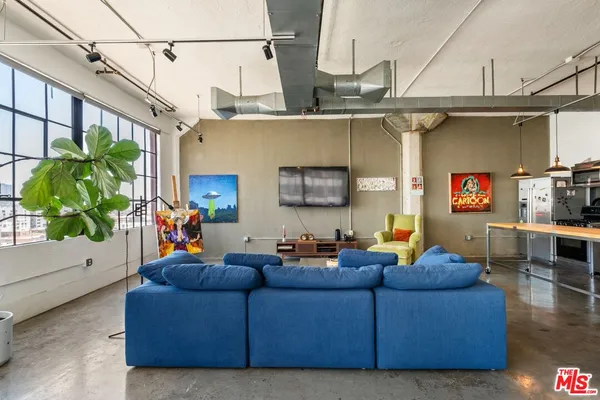 a view of a living room with furniture and a potted plant
