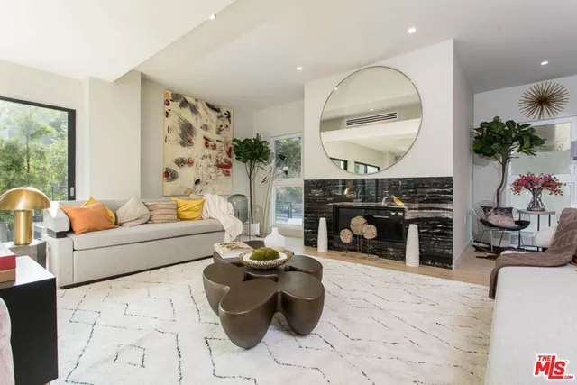 a living room with furniture a fireplace and a large mirror with potted plants