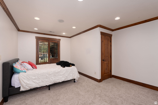687 South 2080th Street East Springville, UT 84663 - Photo 50 of 149 Room featuring light-colored carpeting, wood-finish trim, and recessed lighting