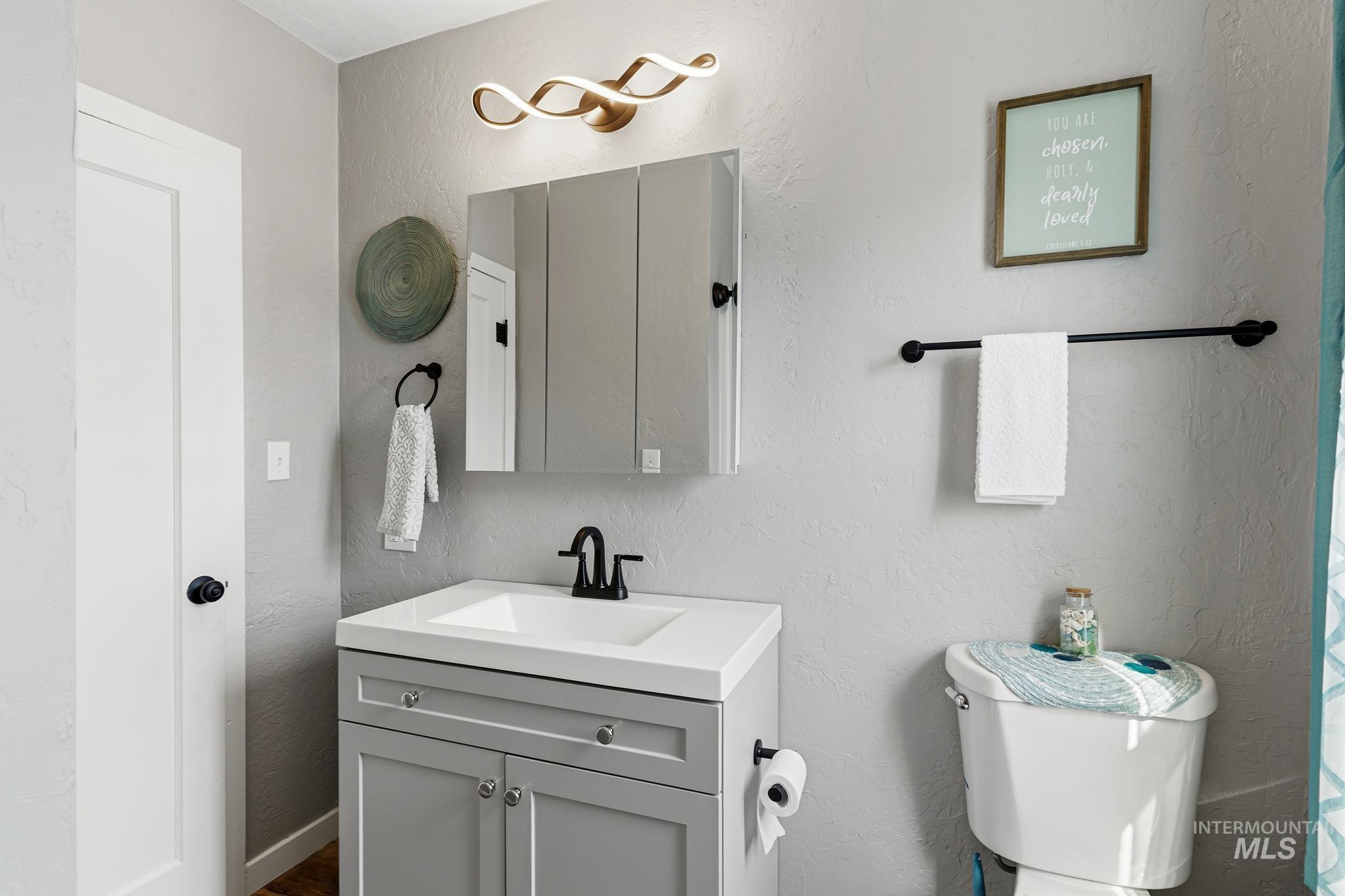 619 Thain Road Lewiston, ID 83501 - Photo 17 of 44 Bathroom featuring a light gray vanity with a single sink and matte black faucet, a mirrored medicine cabinet, and a decorative vanity light fixture