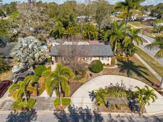 an aerial view of a swimming pool