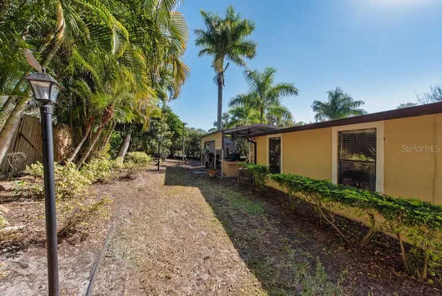 a backyard of a house with plants and tree
