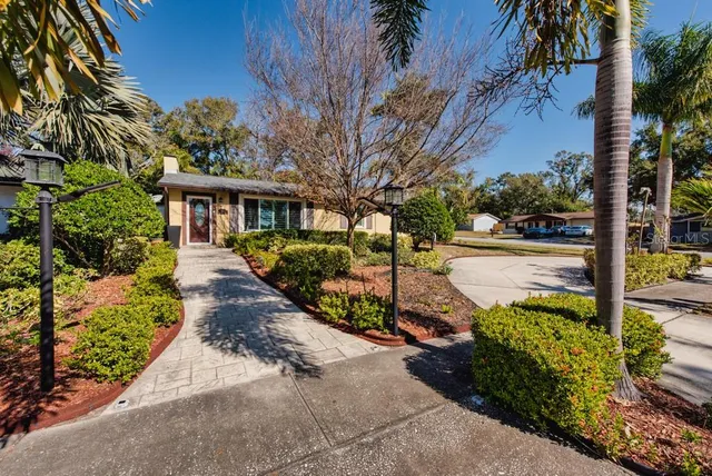 a view of a garden with pathway
