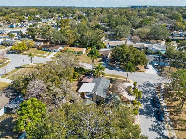 an aerial view of a house with a yard and large trees