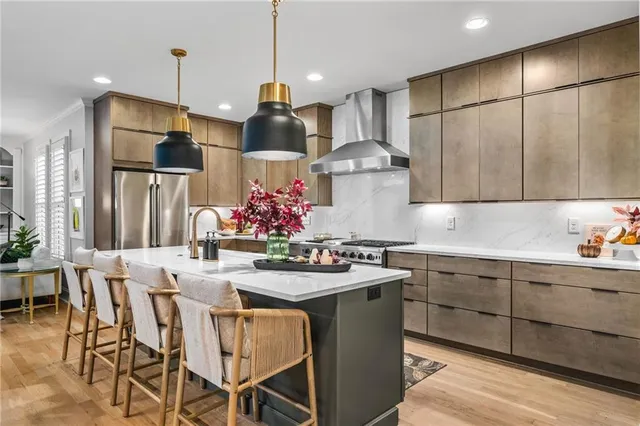 a view of a dining room with furniture