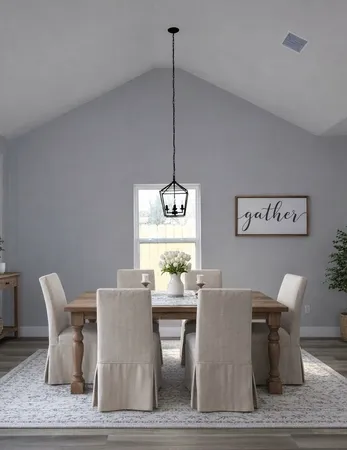 a dining room with furniture and window