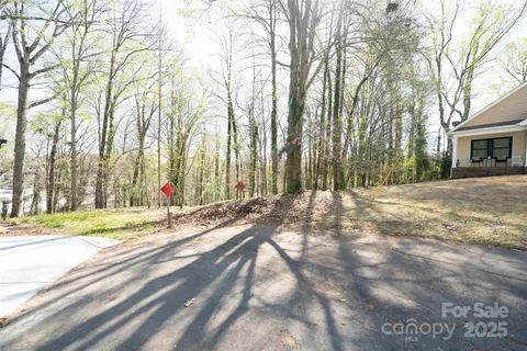 a view of a backyard with large trees