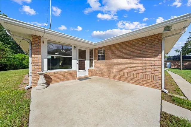 a view of a park with large trees