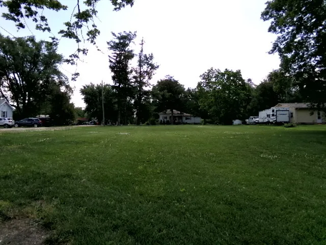 a view of a grassy field with trees