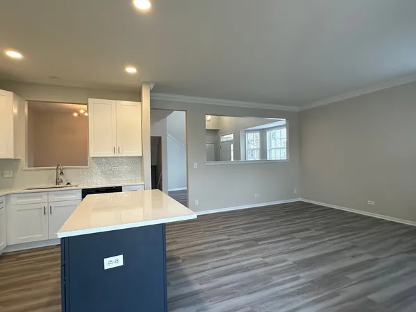 a kitchen with a sink cabinets and wooden floor