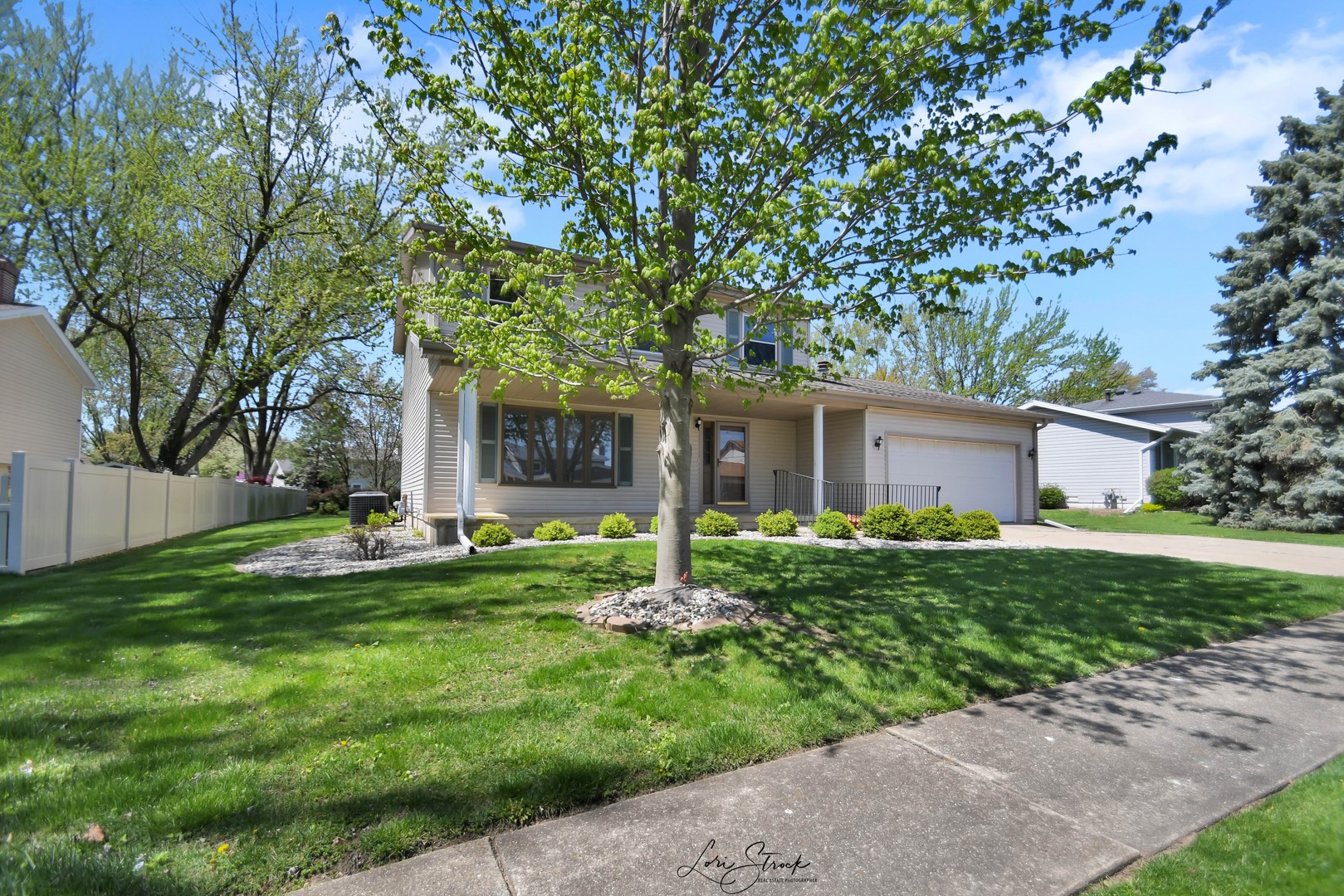 a house with a big yard and large trees