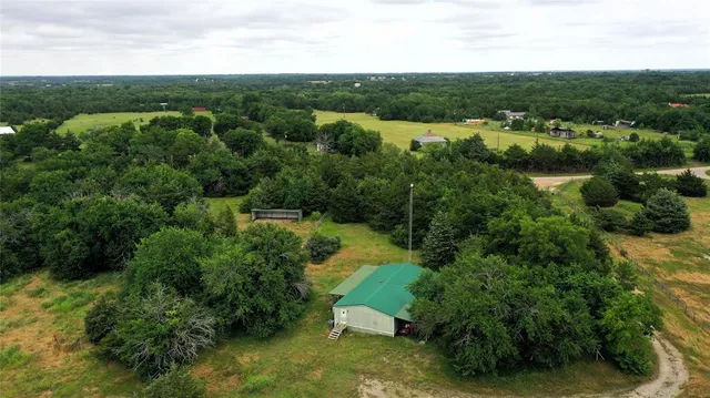 a view of a city with lush green forest