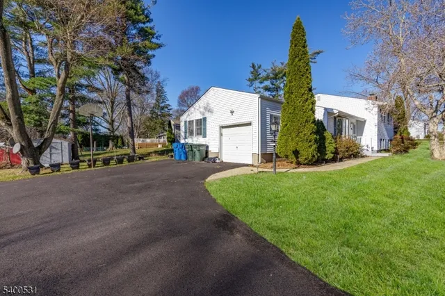 a view of a white house with a yard and large tree