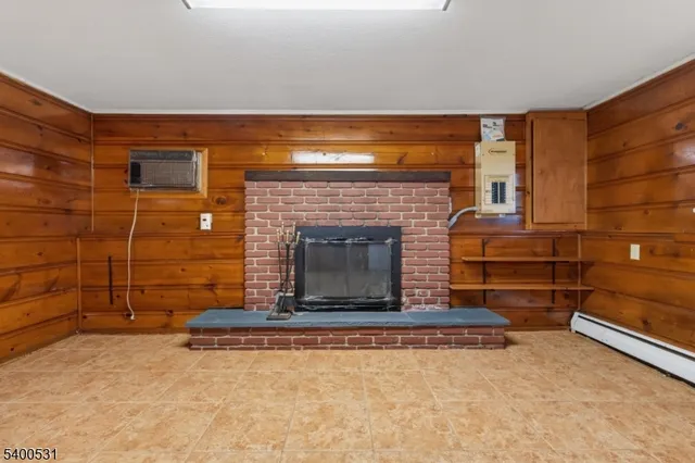 a living room with fireplace