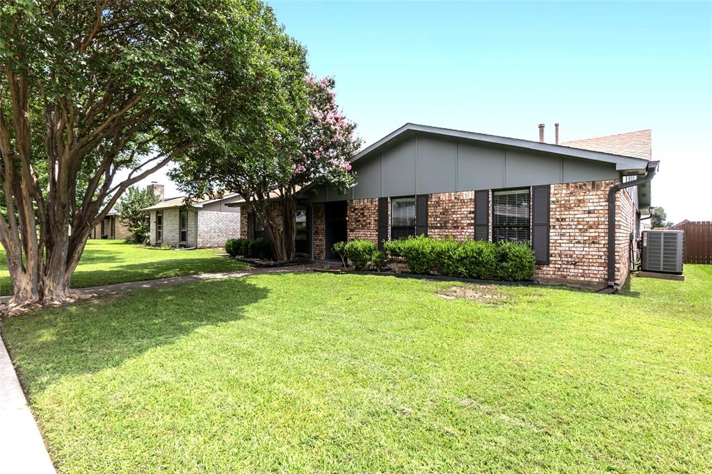 Grassy front yard with mature crepe myrtle trees