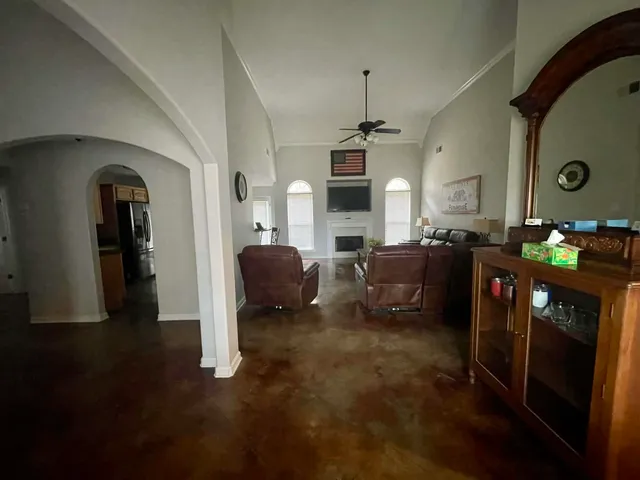 a living room with furniture and a fireplace