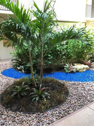 a view of a garden with a bench