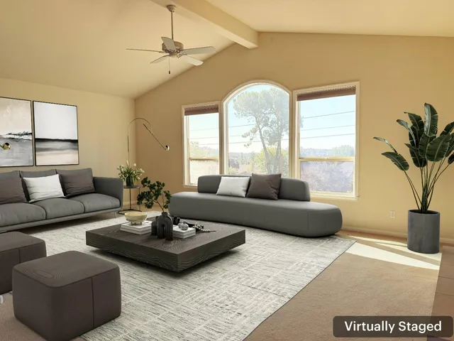 a living room with furniture potted plant and a large window