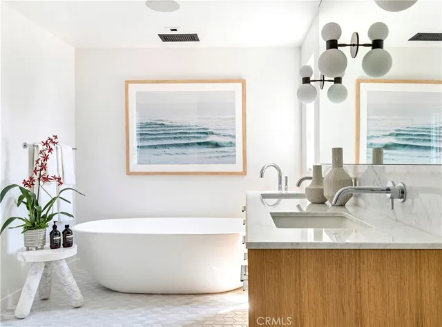 a bathroom with a tub potted plant and a window