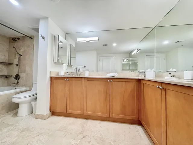 a bathroom with a granite countertop sink a toilet and shower