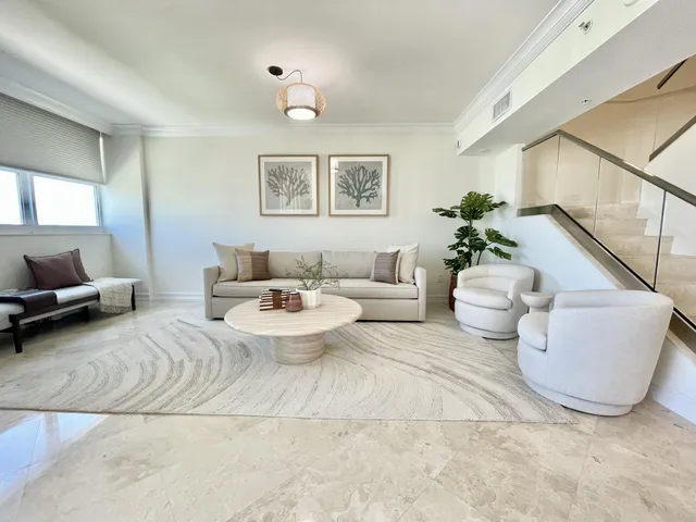 a living room with furniture and a potted plant
