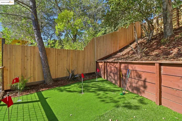a view of a backyard with a wooden fence