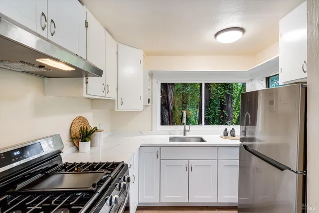 a kitchen with granite countertop a sink stove and refrigerator