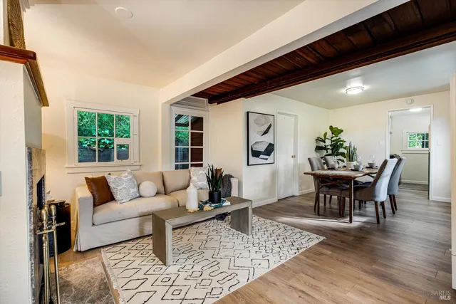 a living room with furniture dining table and a potted plant