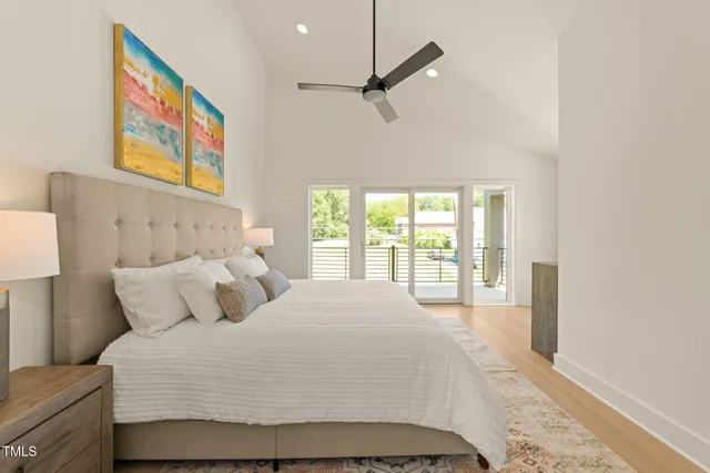 a view of a balcony with wooden floor