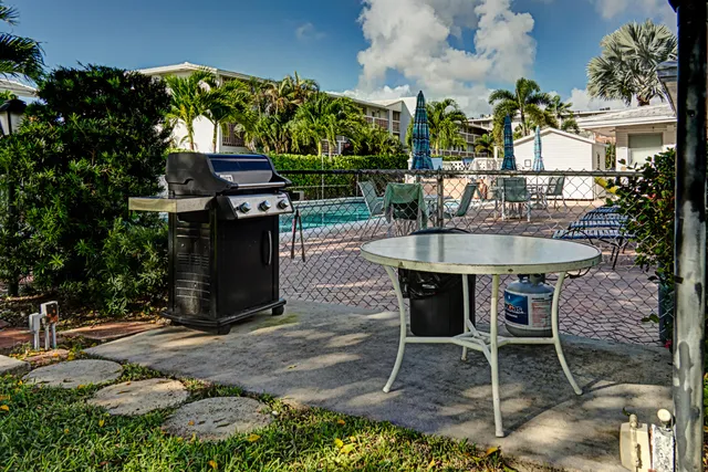 an outdoor space with seating