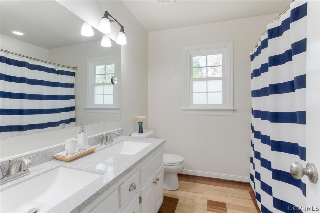 15201 Powell Grove Road Midlothian, VA 23112 - Photo 17 of 27 a bathroom with a sink a toilet a mirror and shower curtain