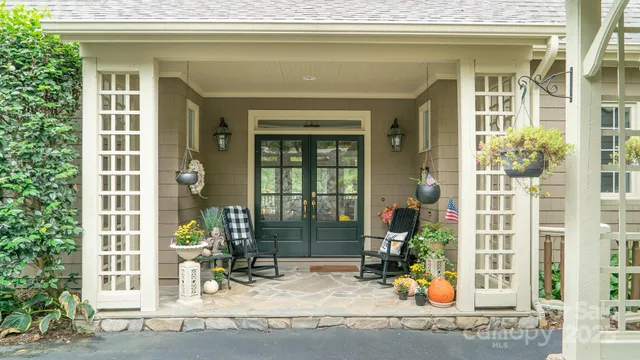 front view of a house with a patio