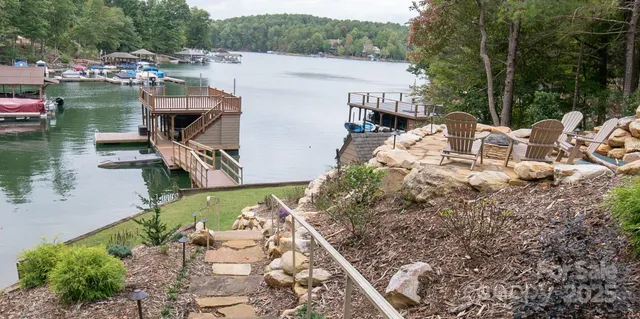 a view of a lake with a patio