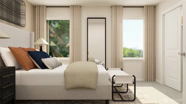 a bedroom with bed and balcony