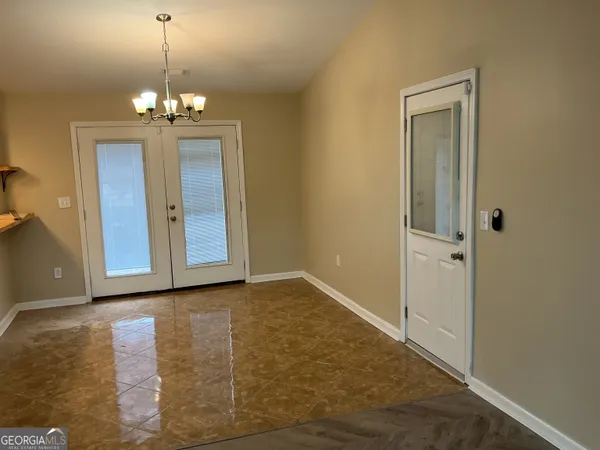 a view of a chandelier in a room