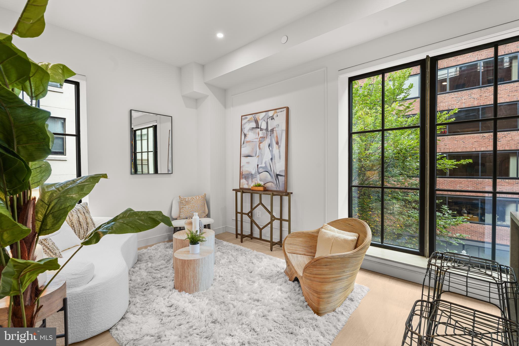 a living room with furniture and a potted plant