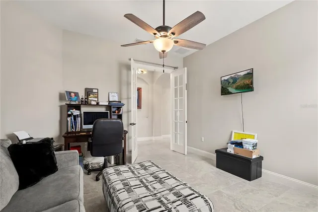 a bedroom with furniture and a bed