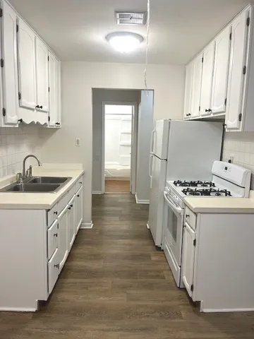 a kitchen with sink a stove and refrigerator
