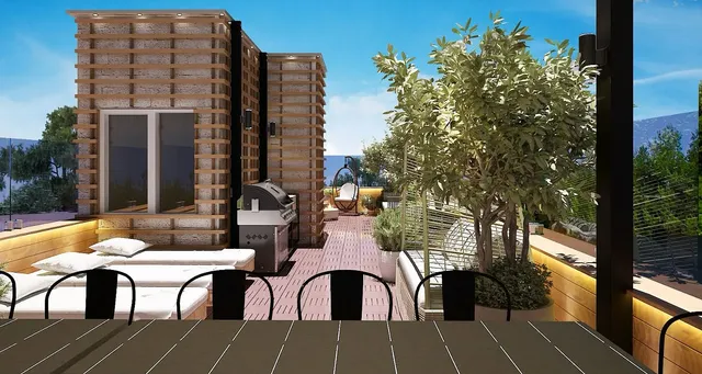 a view of balcony with table and chairs