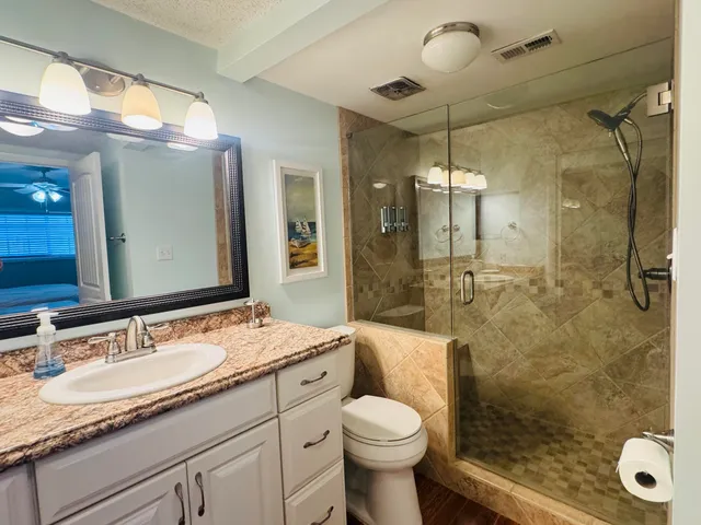 a bathroom with a granite countertop sink a toilet a mirror and shower