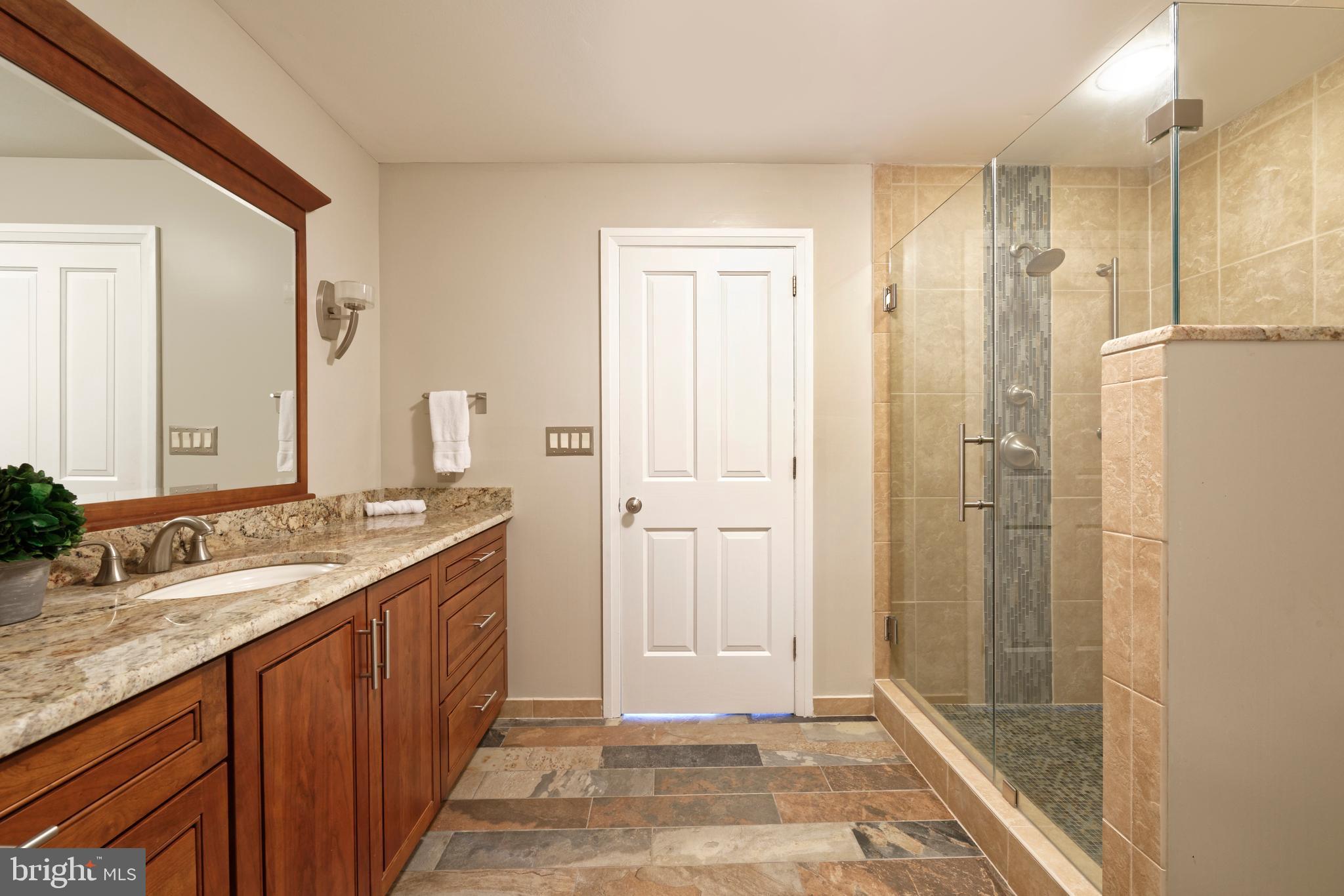 20615 Blue Ridge Mountain Road Paris, VA 20130 - Photo 38 of 80 a bathroom with a granite countertop sink shower and a mirror