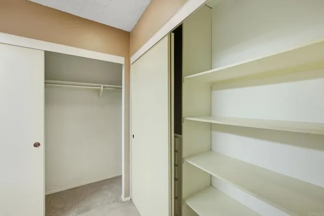 a view of walk in closet with empty racks