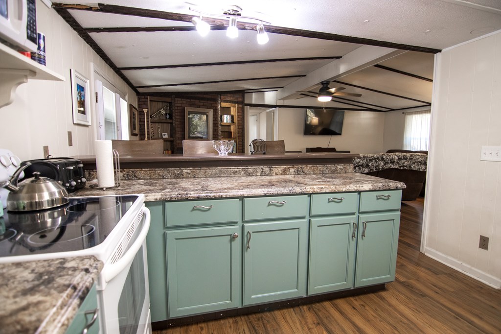 1631 West Pine Lake Drive West Point, GA 31833 - Photo 15 of 37 a kitchen with granite countertop wood cabinets and a stove top oven
