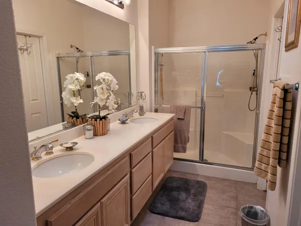 a bathroom with a double vanity sink a mirror and a shower